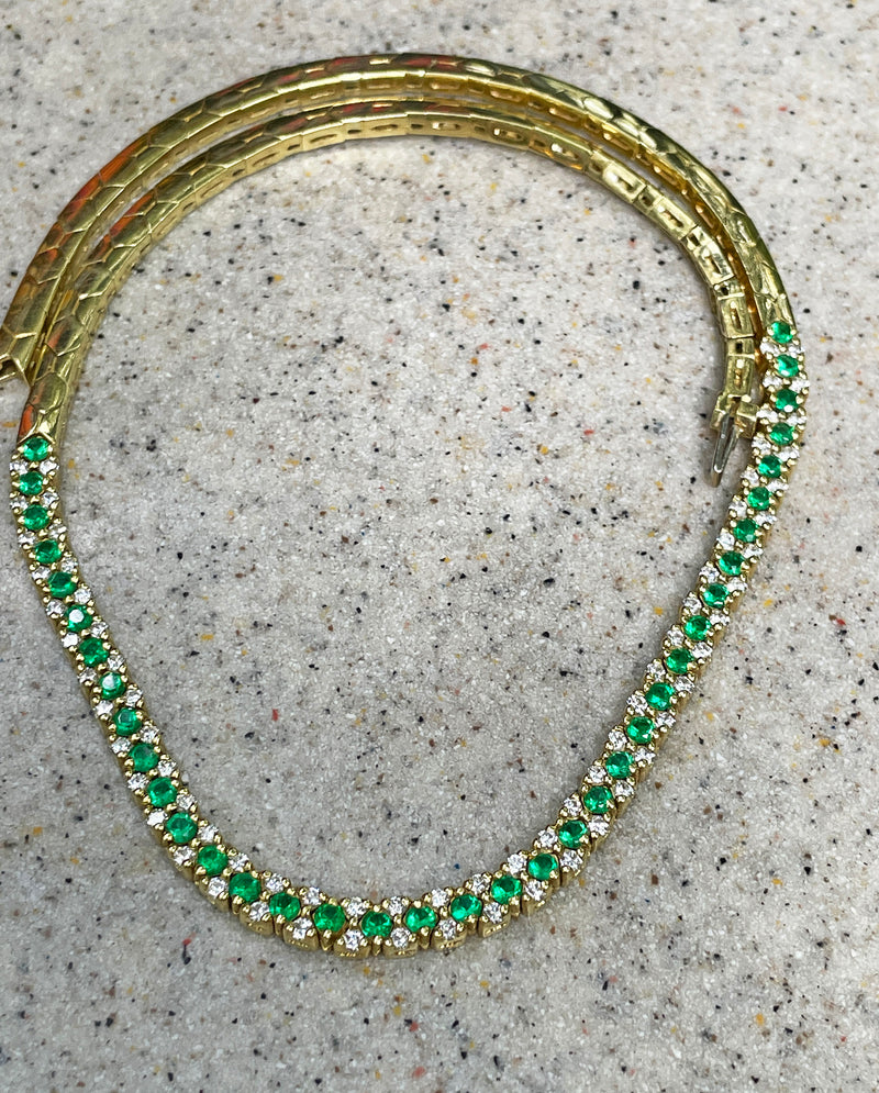 18K Gold Estate Vintage 4.43ctw Natural Emerald & Diamond Collar Necklace