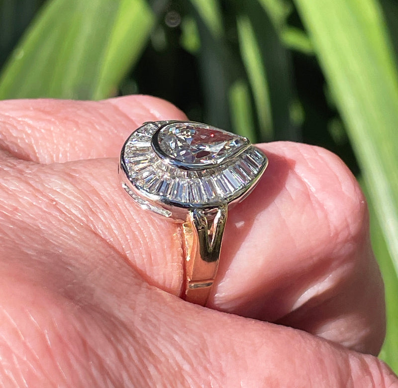 Vintage Mid-Century GIA 3.58ct Pear Shaped Bezel-Set Diamond Ballerina Cocktail 14K 2-Tone Gold Ring