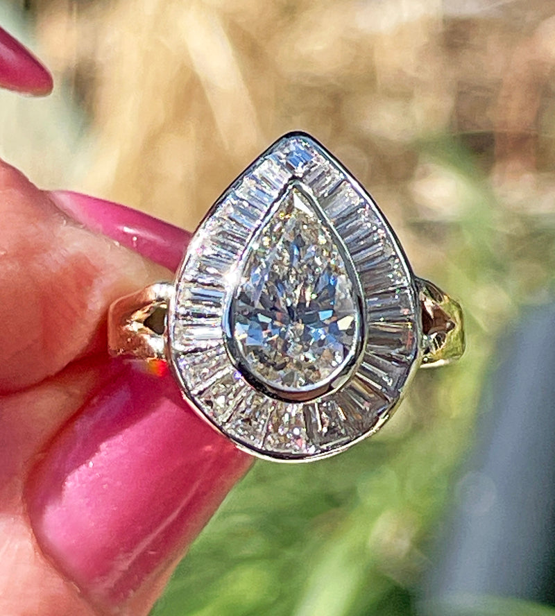 Vintage Mid-Century GIA 3.58ct Pear Shaped Bezel-Set Diamond Ballerina Cocktail 14K 2-Tone Gold Ring