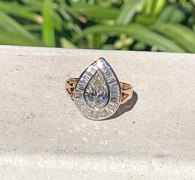 Vintage Mid-Century GIA 3.58ct Pear Shaped Bezel-Set Diamond Ballerina Cocktail 14K 2-Tone Gold Ring