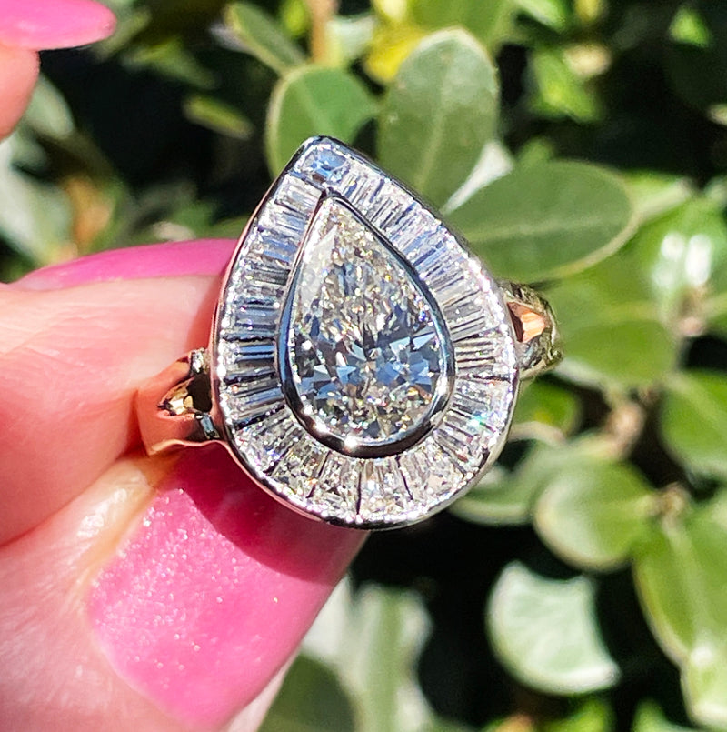 Vintage Mid-Century GIA 3.58ct Pear Shaped Bezel-Set Diamond Ballerina Cocktail 14K 2-Tone Gold Ring