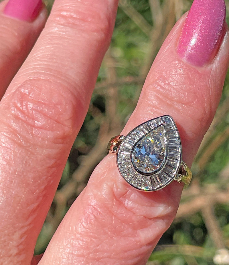 Vintage Mid-Century GIA 3.58ct Pear Shaped Bezel-Set Diamond Ballerina Cocktail 14K 2-Tone Gold Ring