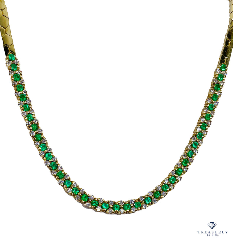 18K Gold Estate Vintage 4.43ctw Natural Emerald & Diamond Collar Necklace