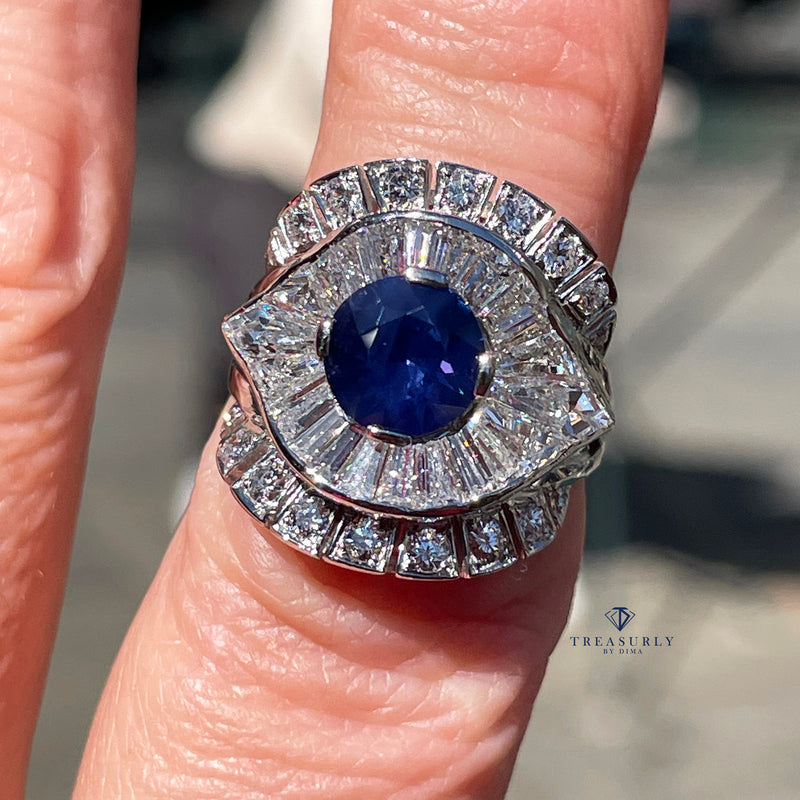 Vintage GIA 4.38ctw Natural Color-Change PURPLE No-Heat Round Sapphire Diamond Platinum Cocktail Cluster Dinner Ring