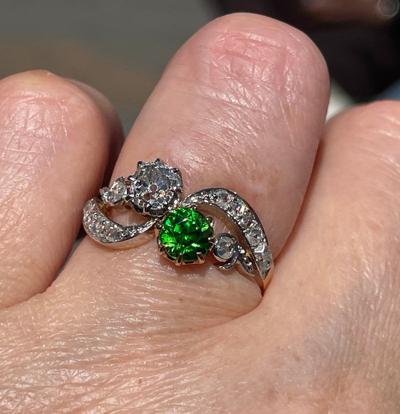 Edwardian GIA 1.69ctw Russian DEMANTOID Garnet Old Mine Cushion DIAMOND Crossover "Toi et Moi" Engagement 18k Gold Antique Ring