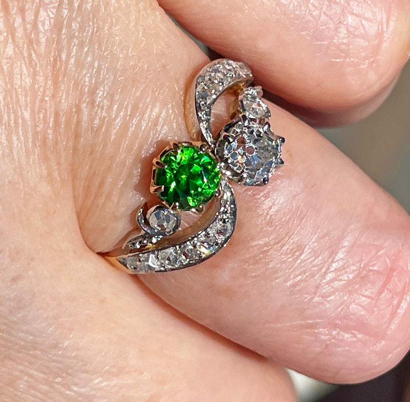 Edwardian GIA 1.69ctw Russian DEMANTOID Garnet Old Mine Cushion DIAMOND Crossover "Toi et Moi" Engagement 18k Gold Antique Ring