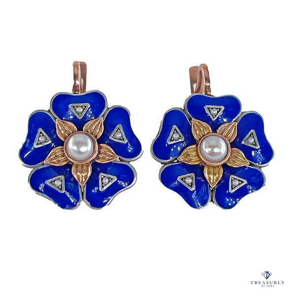 IMPERIAL RUSSIAN 14k Rose Gold Flower Pearls Blue Guilloche Enamel Drop Earrings