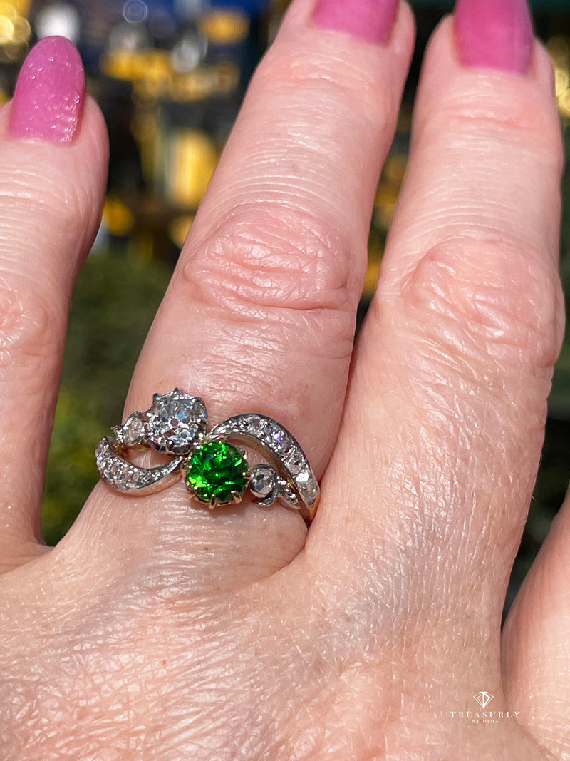 Edwardian GIA 1.69ctw Russian DEMANTOID Garnet Old Mine Cushion DIAMOND Crossover "Toi et Moi" Engagement 18k Gold Antique Ring