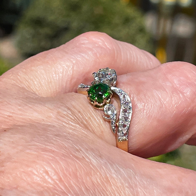 Edwardian GIA 1.69ctw Russian DEMANTOID Garnet Old Mine Cushion DIAMOND Crossover "Toi et Moi" Engagement 18k Gold Antique Ring