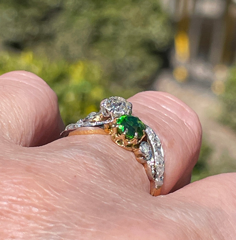 Edwardian GIA 1.69ctw Russian DEMANTOID Garnet Old Mine Cushion DIAMOND Crossover "Toi et Moi" Engagement 18k Gold Antique Ring