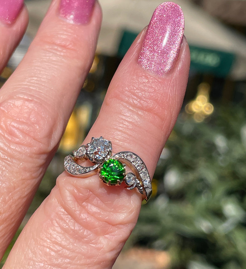 Edwardian GIA 1.69ctw Russian DEMANTOID Garnet Old Mine Cushion DIAMOND Crossover "Toi et Moi" Engagement 18k Gold Antique Ring