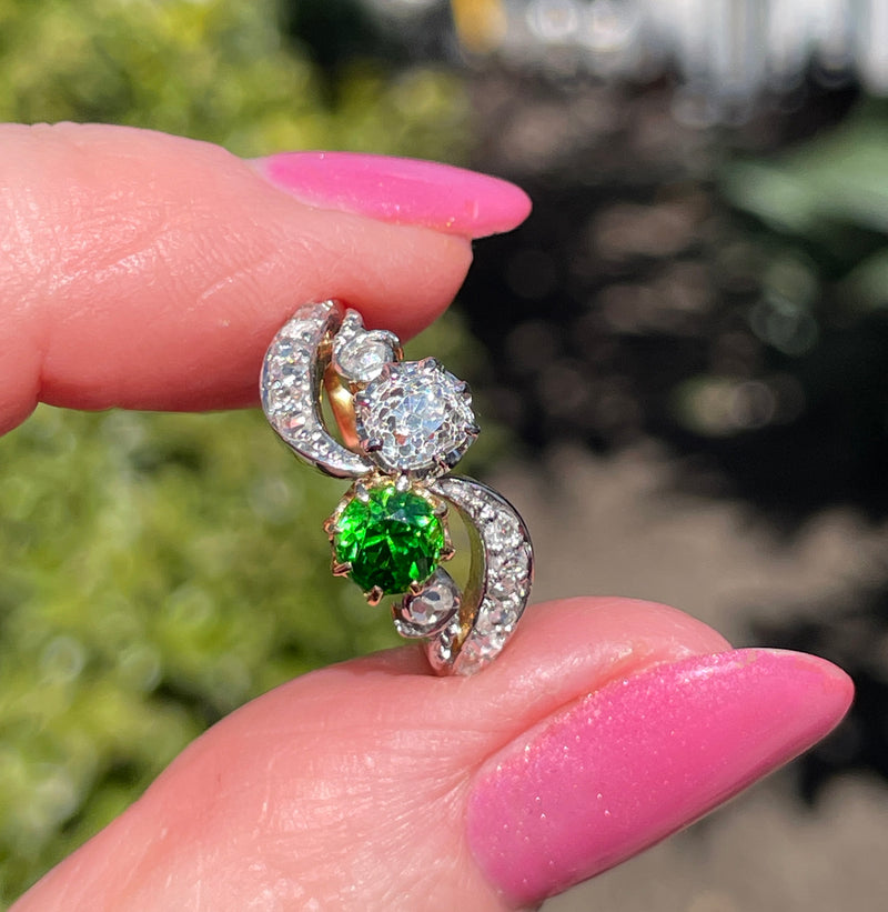 Edwardian GIA 1.69ctw Russian DEMANTOID Garnet Old Mine Cushion DIAMOND Crossover "Toi et Moi" Engagement 18k Gold Antique Ring