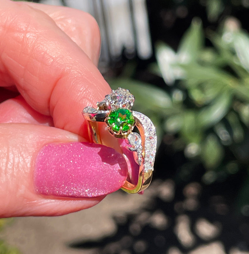 Edwardian GIA 1.69ctw Russian DEMANTOID Garnet Old Mine Cushion DIAMOND Crossover "Toi et Moi" Engagement 18k Gold Antique Ring