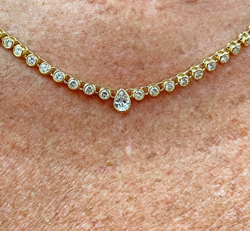 Italian Vintage 9.12ct Pear Shaped & Round Diamond Bezel Line Tennis Rivera 18K Gold Necklace