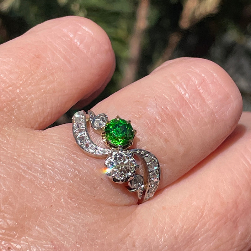 Edwardian GIA 1.69ctw Russian DEMANTOID Garnet Old Mine Cushion DIAMOND Crossover "Toi et Moi" Engagement 18k Gold Antique Ring