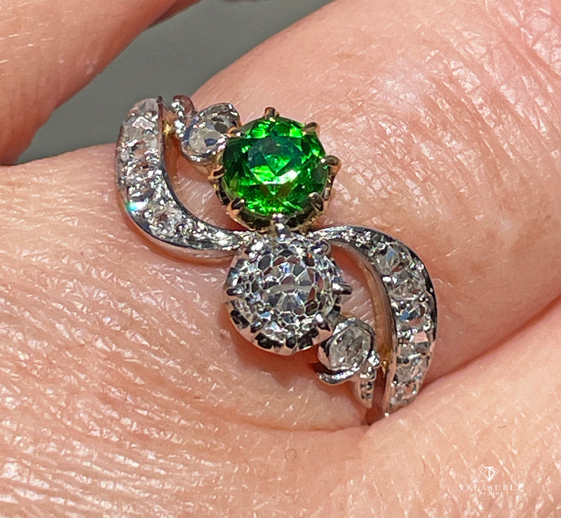 Edwardian GIA 1.69ctw Russian DEMANTOID Garnet Old Mine Cushion DIAMOND Crossover "Toi et Moi" Engagement 18k Gold Antique Ring