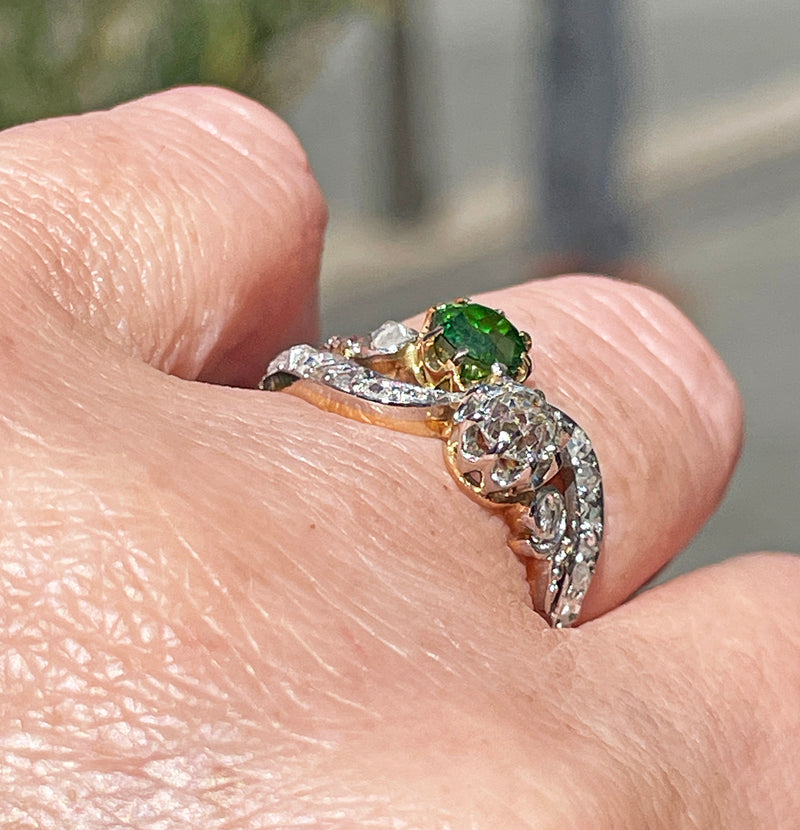 Edwardian GIA 1.69ctw Russian DEMANTOID Garnet Old Mine Cushion DIAMOND Crossover "Toi et Moi" Engagement 18k Gold Antique Ring