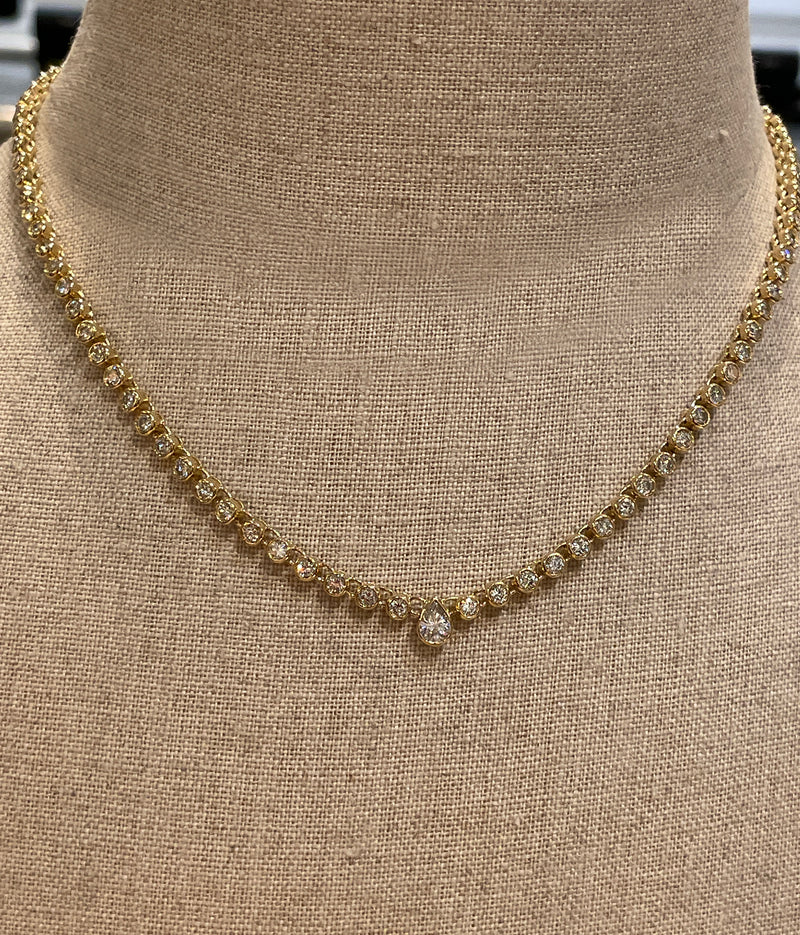 Italian Vintage 9.12ct Pear Shaped & Round Diamond Bezel Line Tennis Rivera 18K Gold Necklace