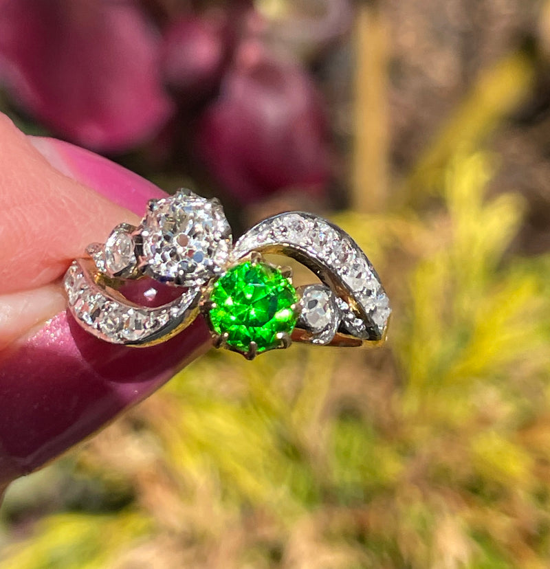 Edwardian GIA 1.69ctw Russian DEMANTOID Garnet Old Mine Cushion DIAMOND Crossover "Toi et Moi" Engagement 18k Gold Antique Ring