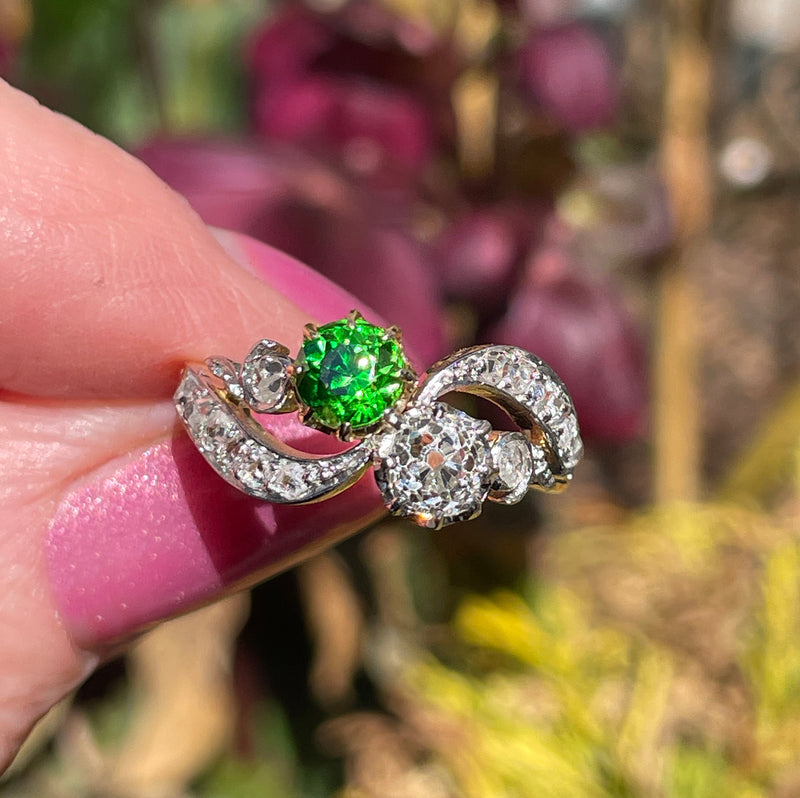 Edwardian GIA 1.69ctw Russian DEMANTOID Garnet Old Mine Cushion DIAMOND Crossover "Toi et Moi" Engagement 18k Gold Antique Ring