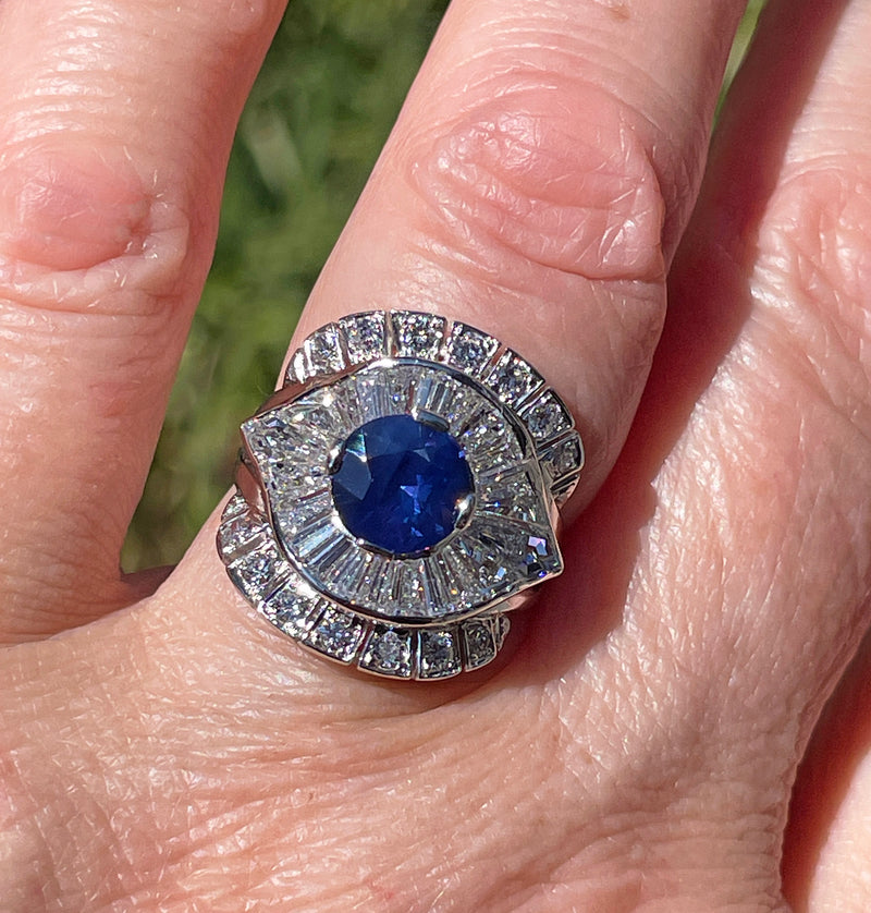 Vintage GIA 4.38ctw Natural Color-Change PURPLE No-Heat Round Sapphire Diamond Platinum Cocktail Cluster Dinner Ring