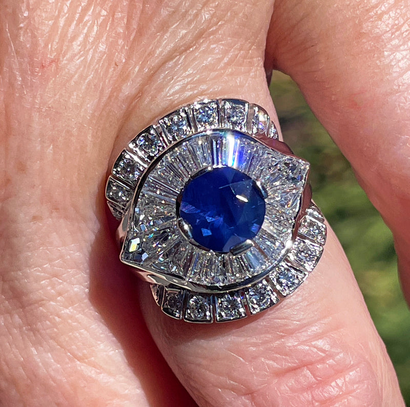 Vintage GIA 4.38ctw Natural Color-Change PURPLE No-Heat Round Sapphire Diamond Platinum Cocktail Cluster Dinner Ring
