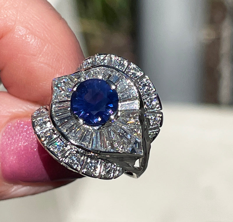 Vintage GIA 4.38ctw Natural Color-Change PURPLE No-Heat Round Sapphire Diamond Platinum Cocktail Cluster Dinner Ring