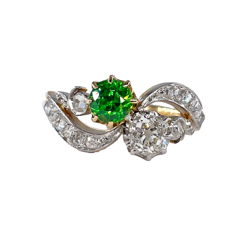 Edwardian GIA 1.69ctw Russian DEMANTOID Garnet Old Mine Cushion DIAMOND Crossover "Toi et Moi" Engagement 18k Gold Antique Ring