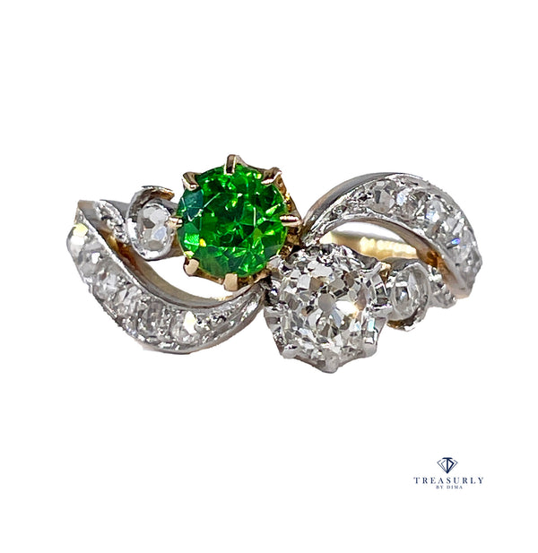 Edwardian GIA 1.69ctw Russian DEMANTOID Garnet Old Mine Cushion DIAMOND Crossover "Toi et Moi" Engagement 18k Gold Antique Ring