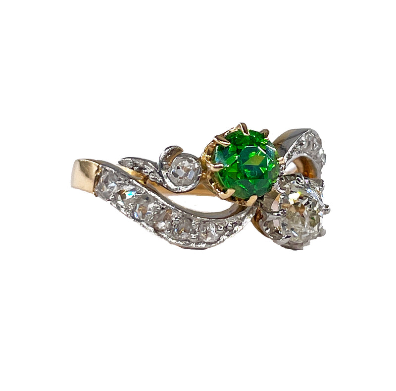 Edwardian GIA 1.69ctw Russian DEMANTOID Garnet Old Mine Cushion DIAMOND Crossover "Toi et Moi" Engagement 18k Gold Antique Ring