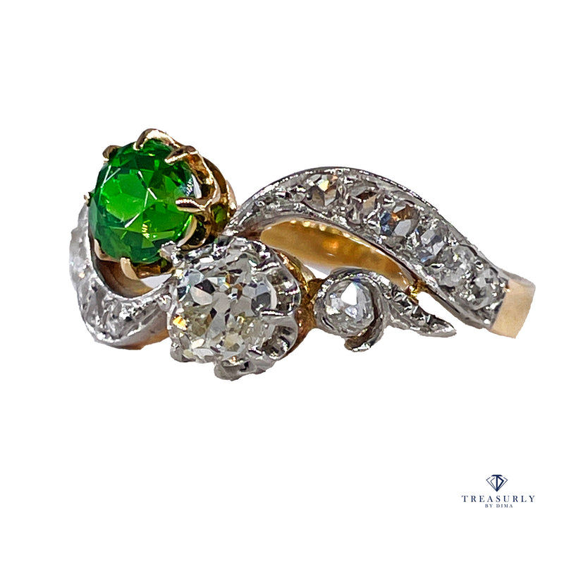 Edwardian GIA 1.69ctw Russian DEMANTOID Garnet Old Mine Cushion DIAMOND Crossover "Toi et Moi" Engagement 18k Gold Antique Ring