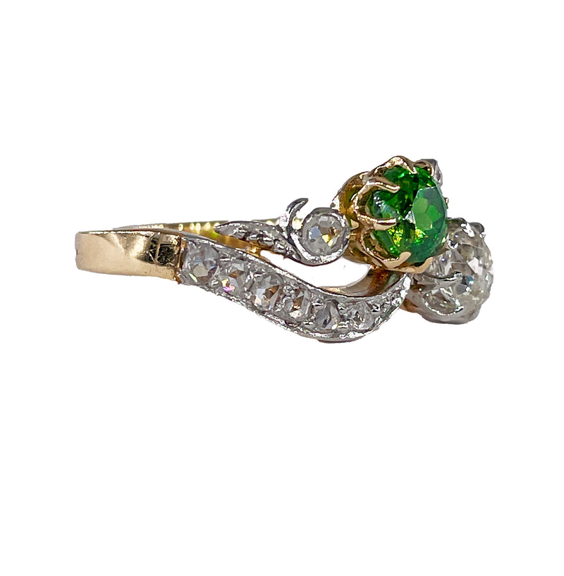 Edwardian GIA 1.69ctw Russian DEMANTOID Garnet Old Mine Cushion DIAMOND Crossover "Toi et Moi" Engagement 18k Gold Antique Ring