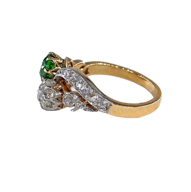 Edwardian GIA 1.69ctw Russian DEMANTOID Garnet Old Mine Cushion DIAMOND Crossover "Toi et Moi" Engagement 18k Gold Antique Ring