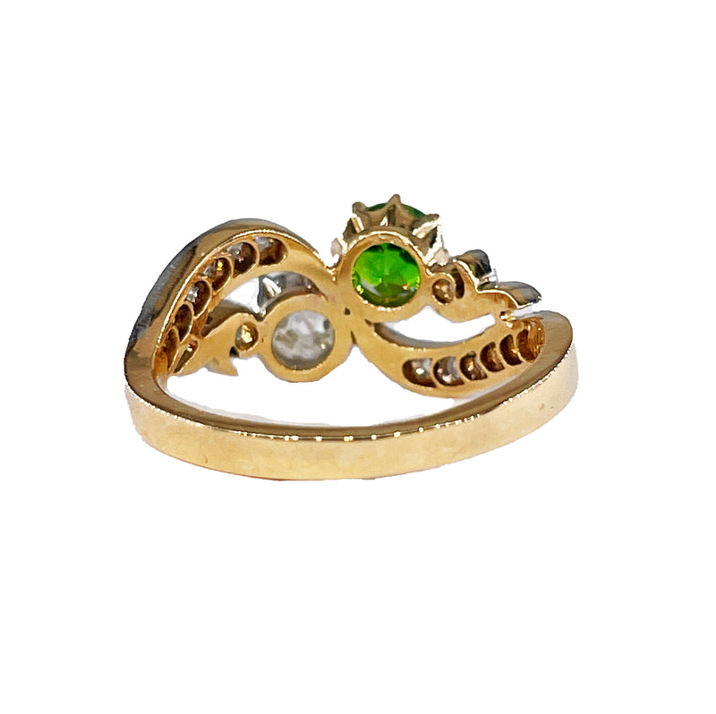 Edwardian GIA 1.69ctw Russian DEMANTOID Garnet Old Mine Cushion DIAMOND Crossover "Toi et Moi" Engagement 18k Gold Antique Ring