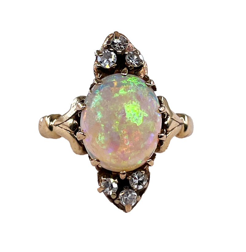 Victorian Antique 3.57ctw Opal Diamond 14K Yellow Gold Dinner Cocktail Ring