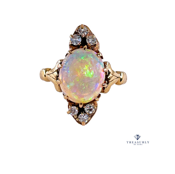 Victorian Antique 3.57ctw Opal Diamond 14K Yellow Gold Dinner Cocktail Ring