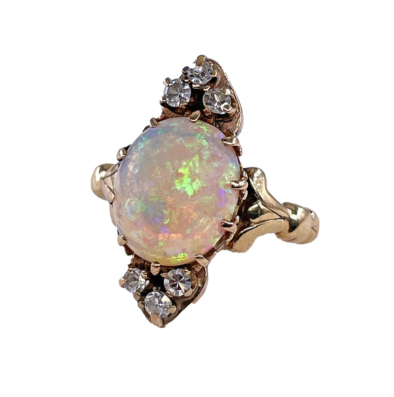 Victorian Antique 3.57ctw Opal Diamond 14K Yellow Gold Dinner Cocktail Ring