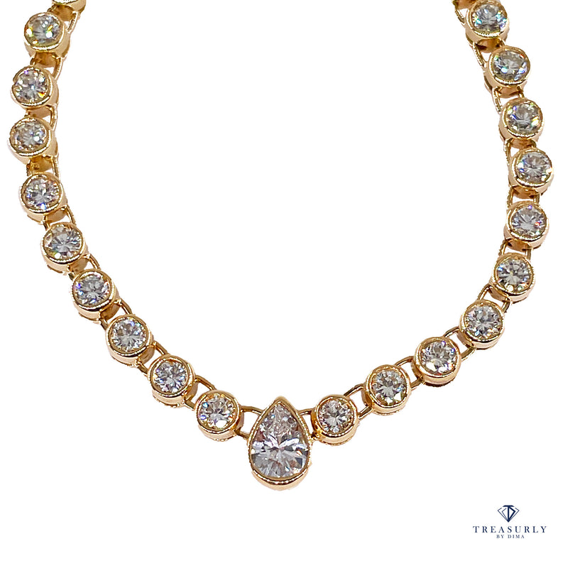 Italian Vintage 9.12ct Pear Shaped & Round Diamond Bezel Line Tennis Rivera 18K Gold Necklace