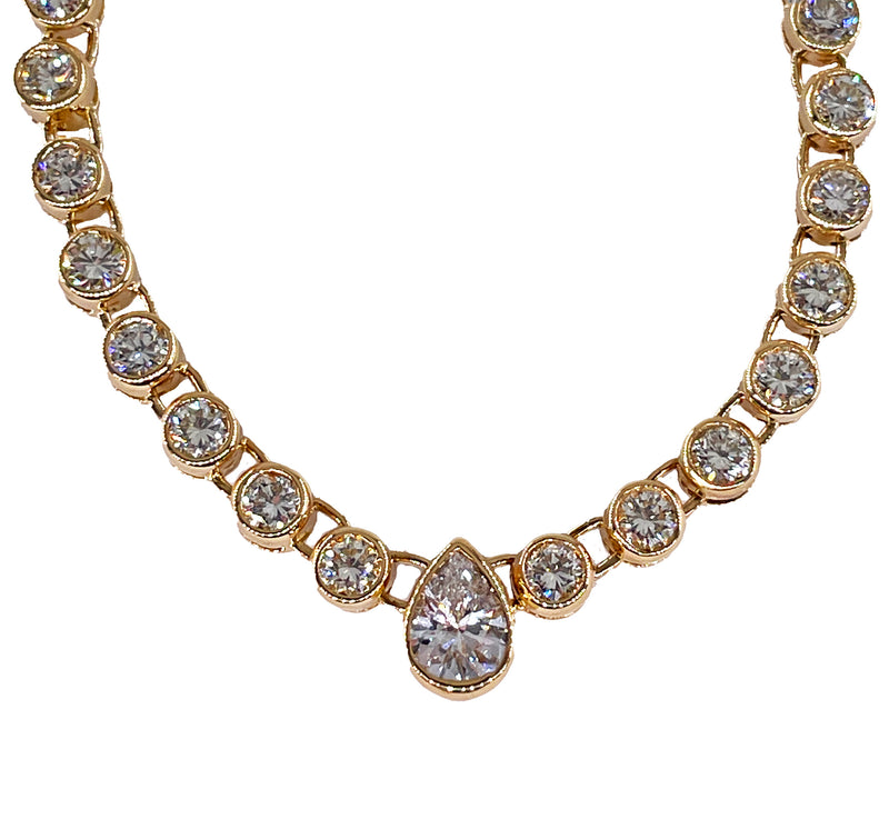 Italian Vintage 9.12ct Pear Shaped & Round Diamond Bezel Line Tennis Rivera 18K Gold Necklace