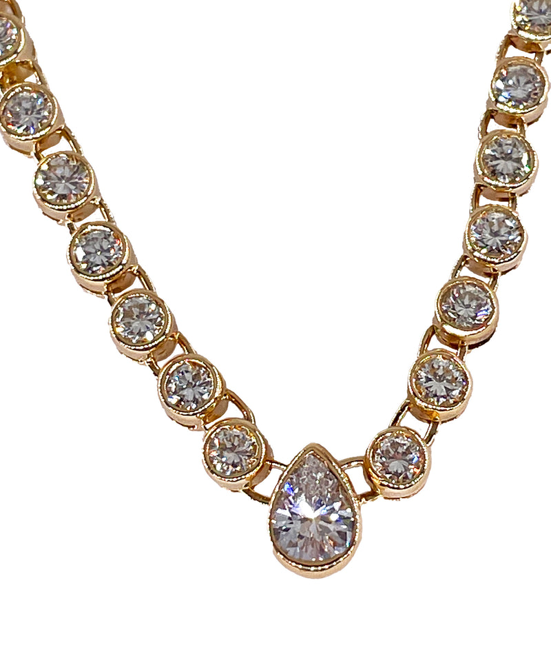 Italian Vintage 9.12ct Pear Shaped & Round Diamond Bezel Line Tennis Rivera 18K Gold Necklace