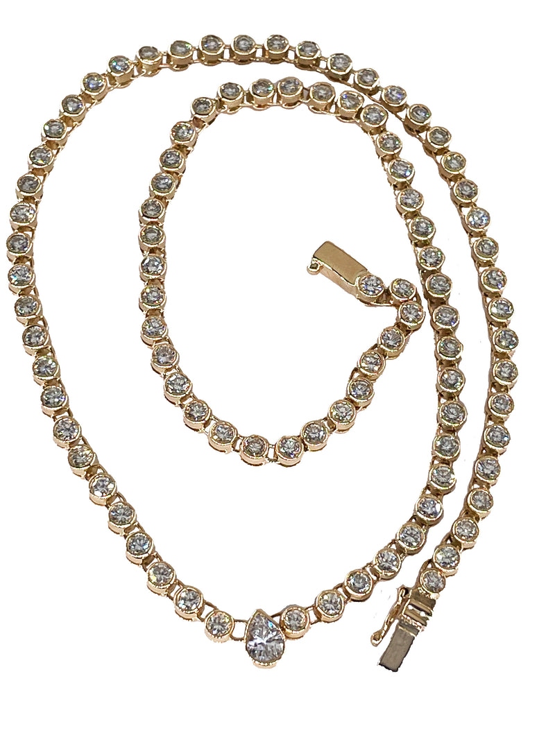 Italian Vintage 9.12ct Pear Shaped & Round Diamond Bezel Line Tennis Rivera 18K Gold Necklace