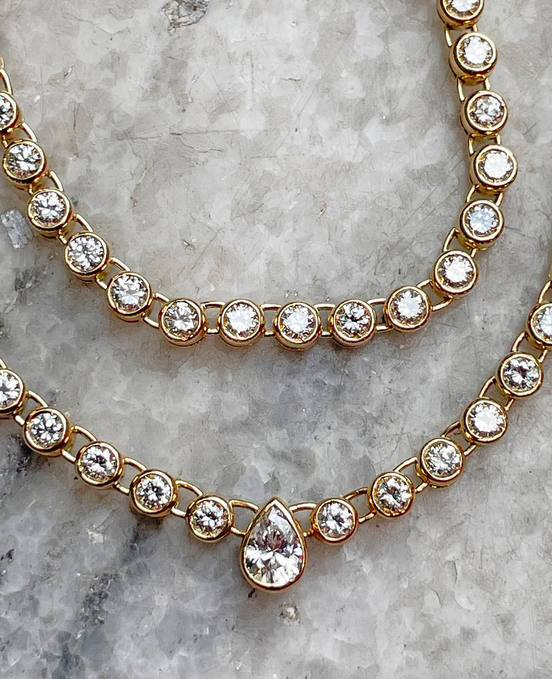 Italian Vintage 9.12ct Pear Shaped & Round Diamond Bezel Line Tennis Rivera 18K Gold Necklace