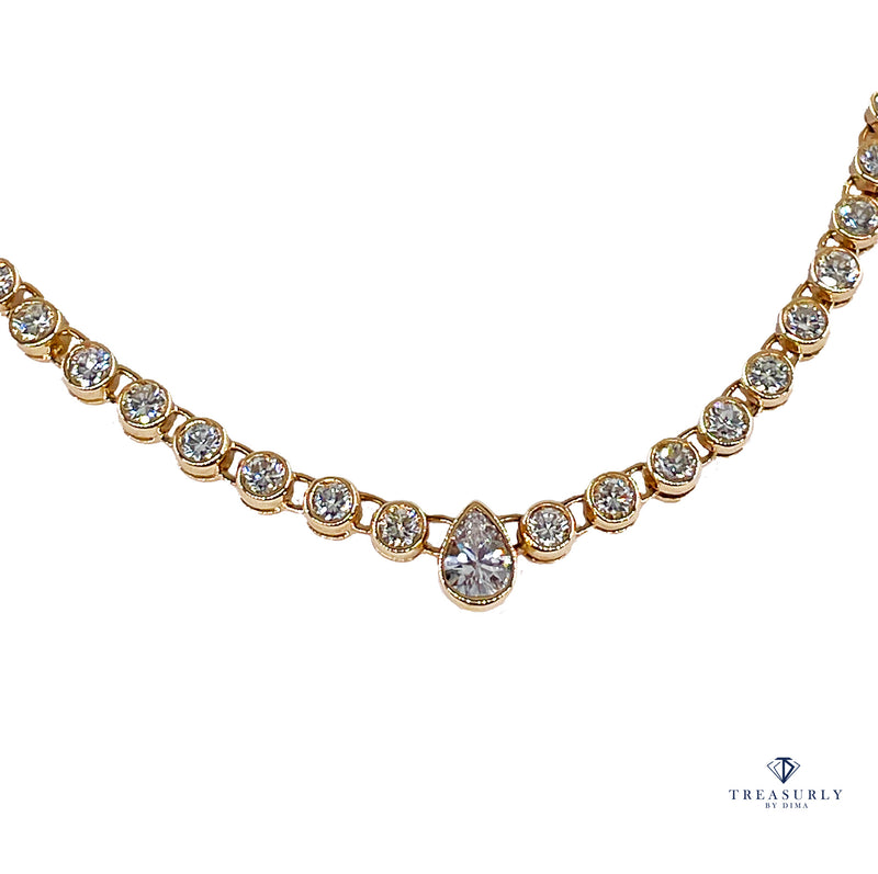 Italian Vintage 9.12ct Pear Shaped & Round Diamond Bezel Line Tennis Rivera 18K Gold Necklace