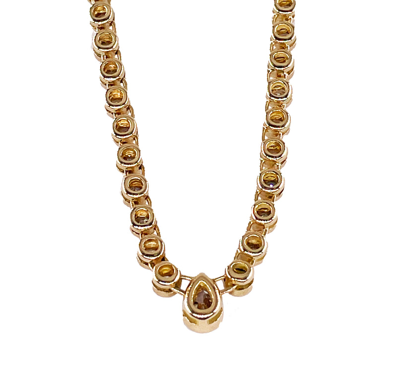 Italian Vintage 9.12ct Pear Shaped & Round Diamond Bezel Line Tennis Rivera 18K Gold Necklace