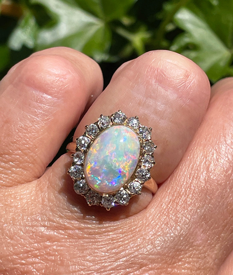 1900s 5.82ct Authentic Antique Australian Opal and Diamond Cluster Cocktail 18K Yellow Gold Ring