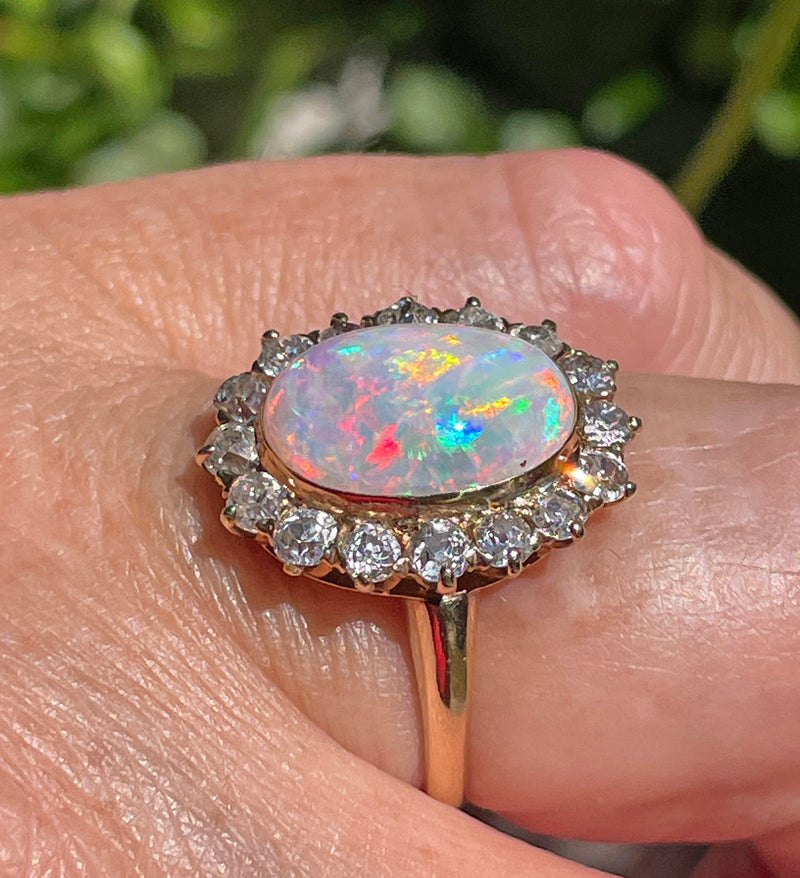 1900s 5.82ct Authentic Antique Australian Opal and Diamond Cluster Cocktail 18K Yellow Gold Ring