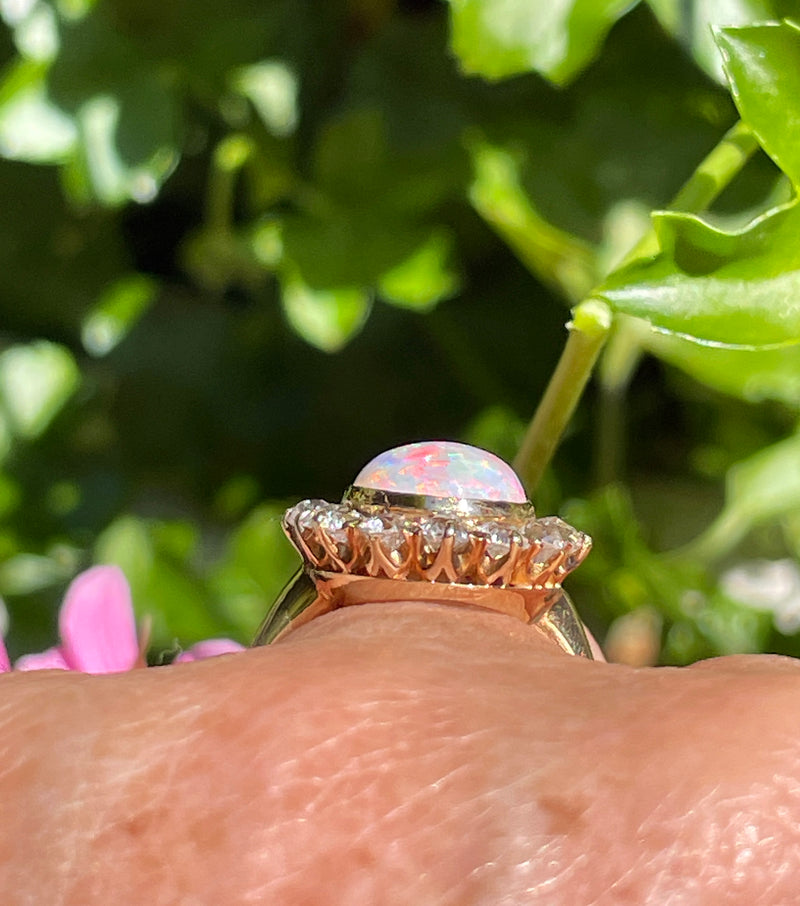 1900s 5.82ct Authentic Antique Australian Opal and Diamond Cluster Cocktail 18K Yellow Gold Ring