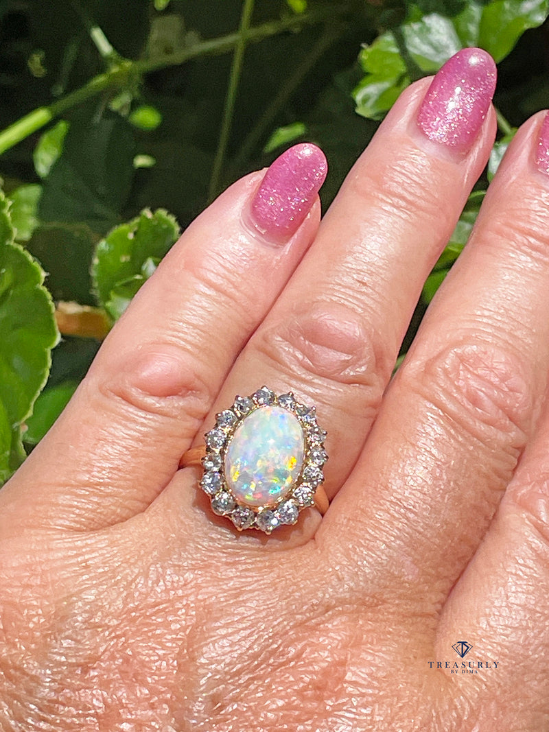 1900s 5.82ct Authentic Antique Australian Opal and Diamond Cluster Cocktail 18K Yellow Gold Ring