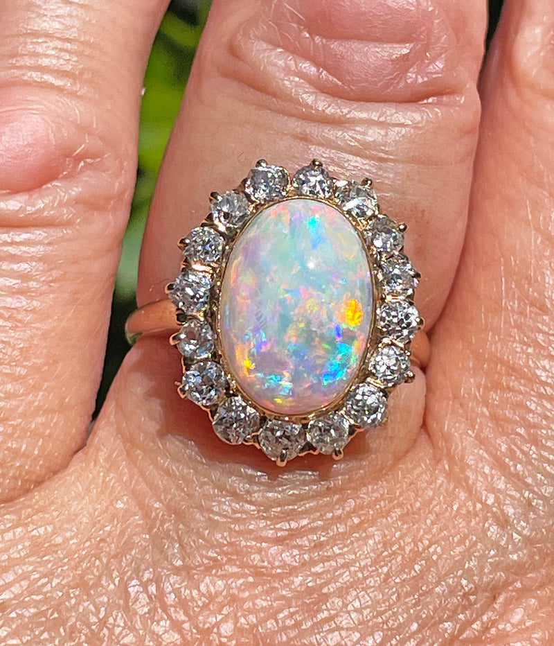 1900s 5.82ct Authentic Antique Australian Opal and Diamond Cluster Cocktail 18K Yellow Gold Ring