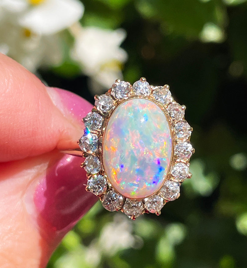 1900s 5.82ct Authentic Antique Australian Opal and Diamond Cluster Cocktail 18K Yellow Gold Ring